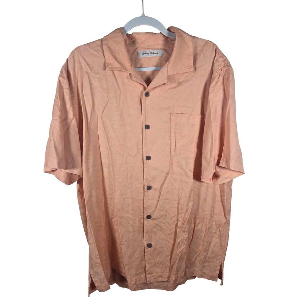 Tommy Bahama Mens Large Peach Tropical Jacquard Cotton Viscose Resort Camp Shirt